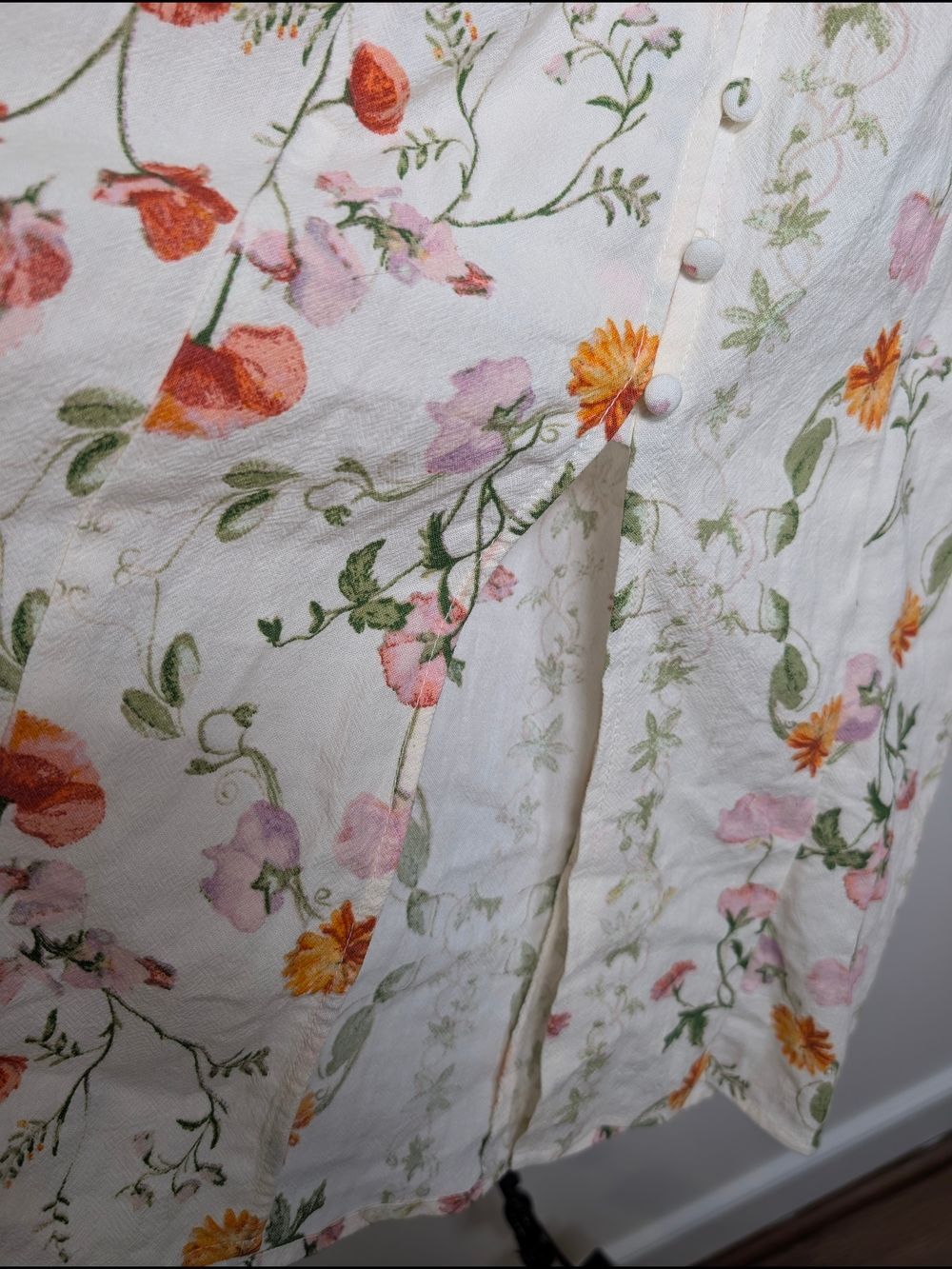 H&M Floral Cotton Midi Dress XS Puff Sleeve Cottagecore Button Front White - Picture 12 of 12